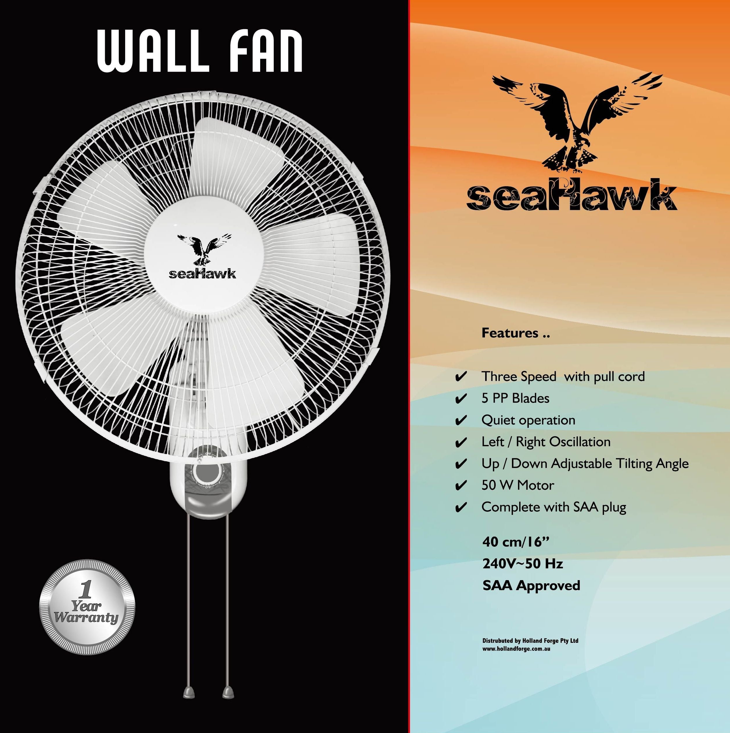 WALL FAN SEA-HAWK OSILLATING SIXTEEN INCH - 400MM 50W image 1